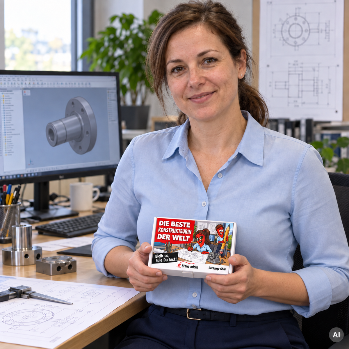 Die beste Konstrukteurin der Welt – kleine Geschenkbox in der Hand (AI)