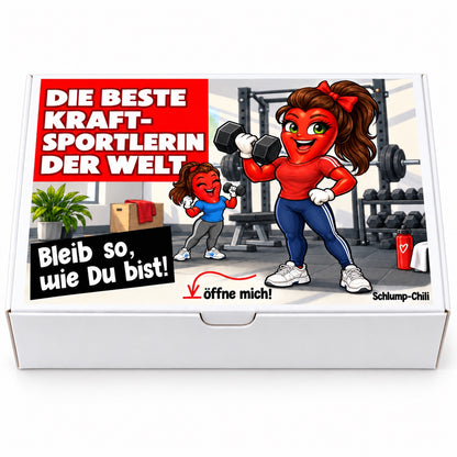 Die beste Kraftsportlerin der Welt – Frontansicht der Chili-Geschenkbox