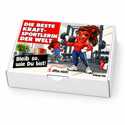 Die beste Kraftsportlerin der Welt – Schrägansicht der Chili-Geschenkbox