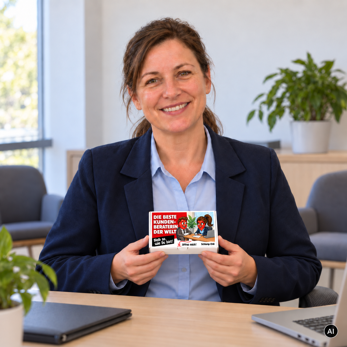 Die beste Kundenberaterin der Welt – Lifestylebild mit kleiner A6-Geschenkschachtel