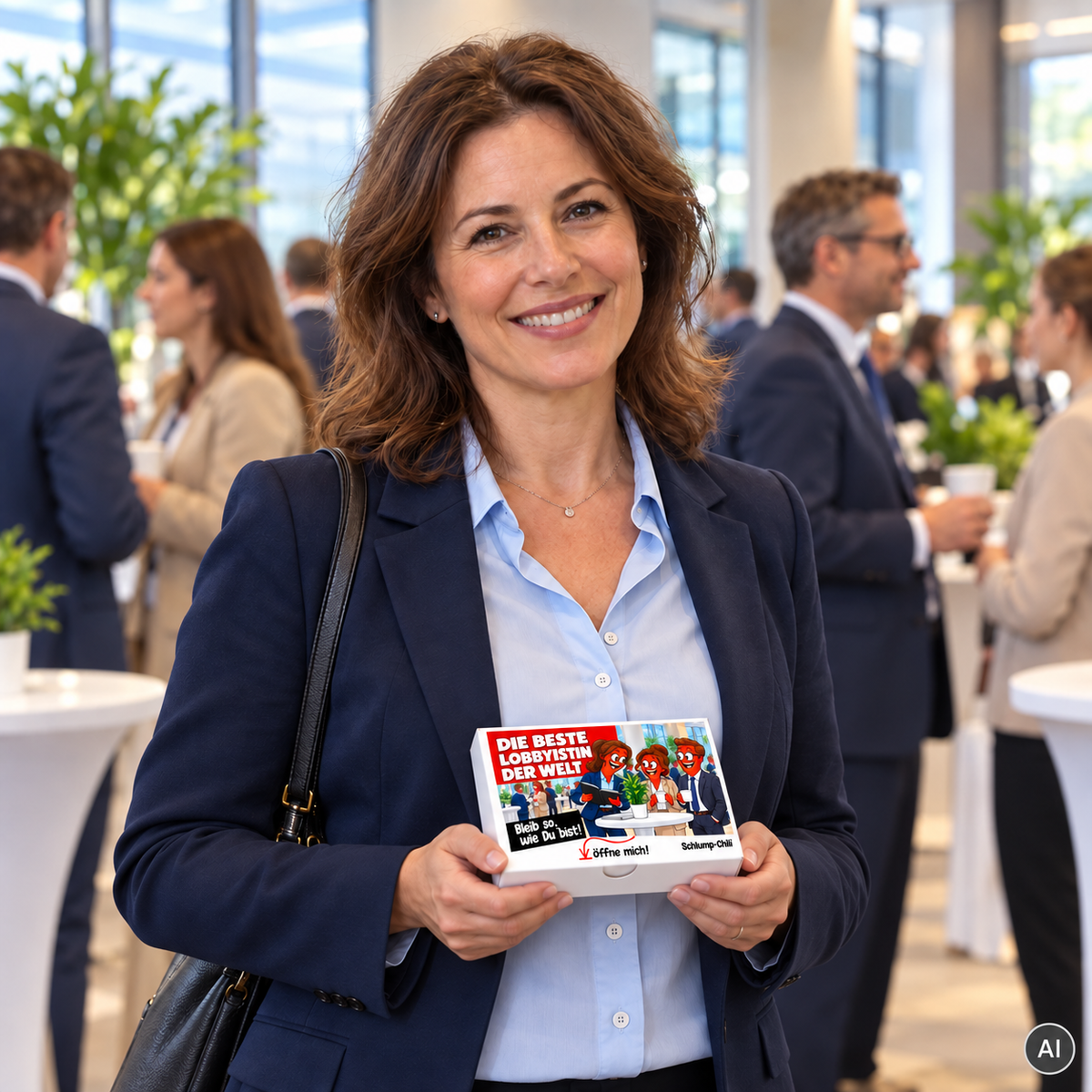 Die beste Lobbyistin der Welt – kleine Geschenkbox in der Hand (AI)
