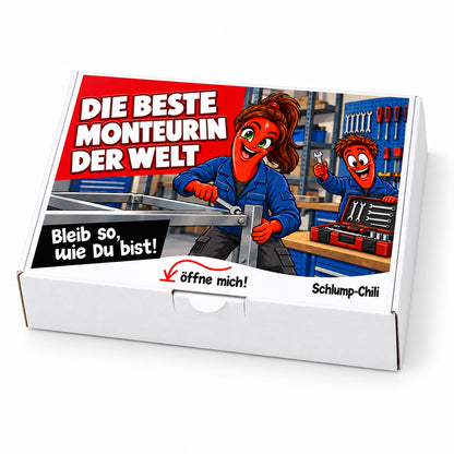 Die beste Monteurin der Welt – weiße Geschenkbox, Schrägansicht