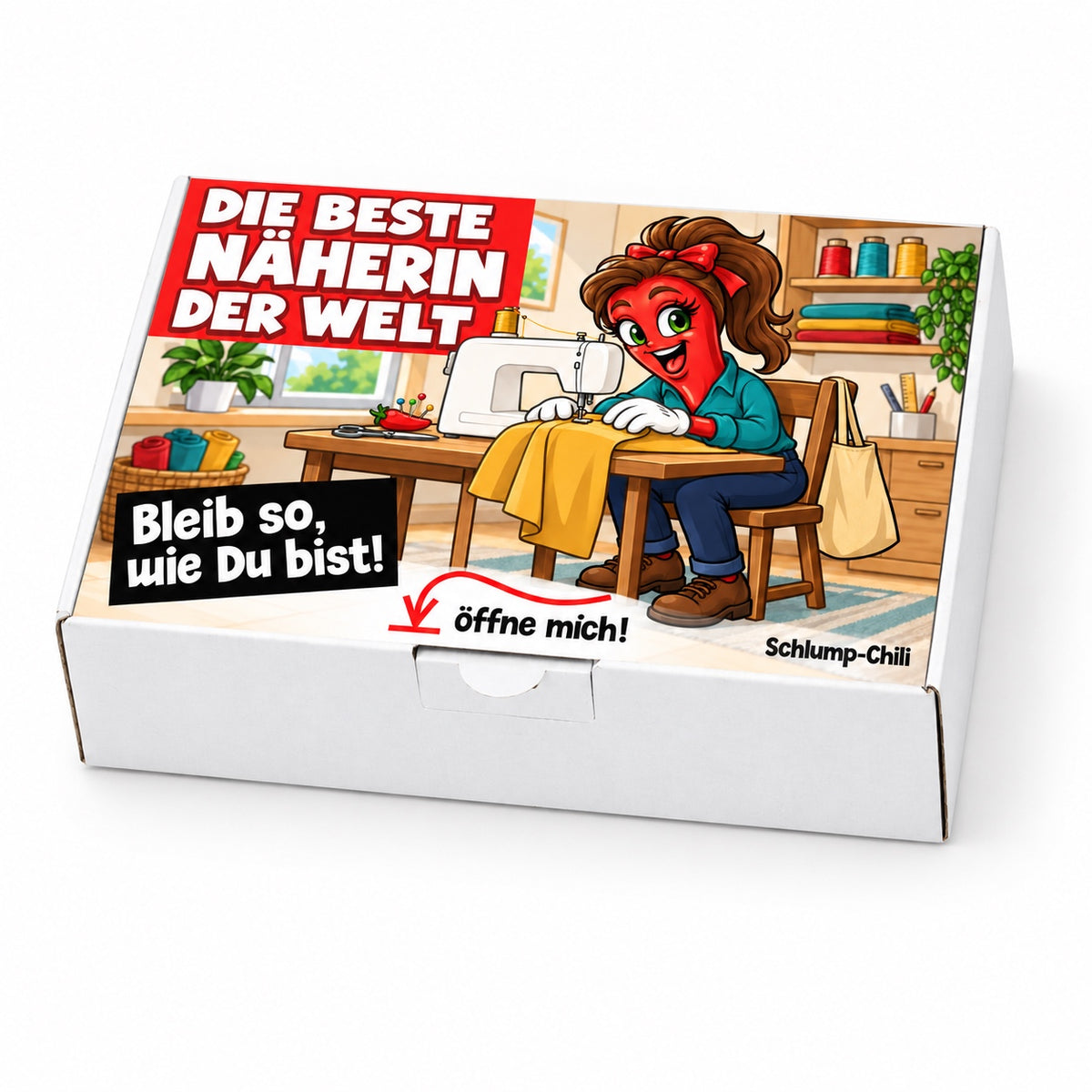 Die beste Näherin der Welt – Schrägansicht der Chili-Geschenkbox