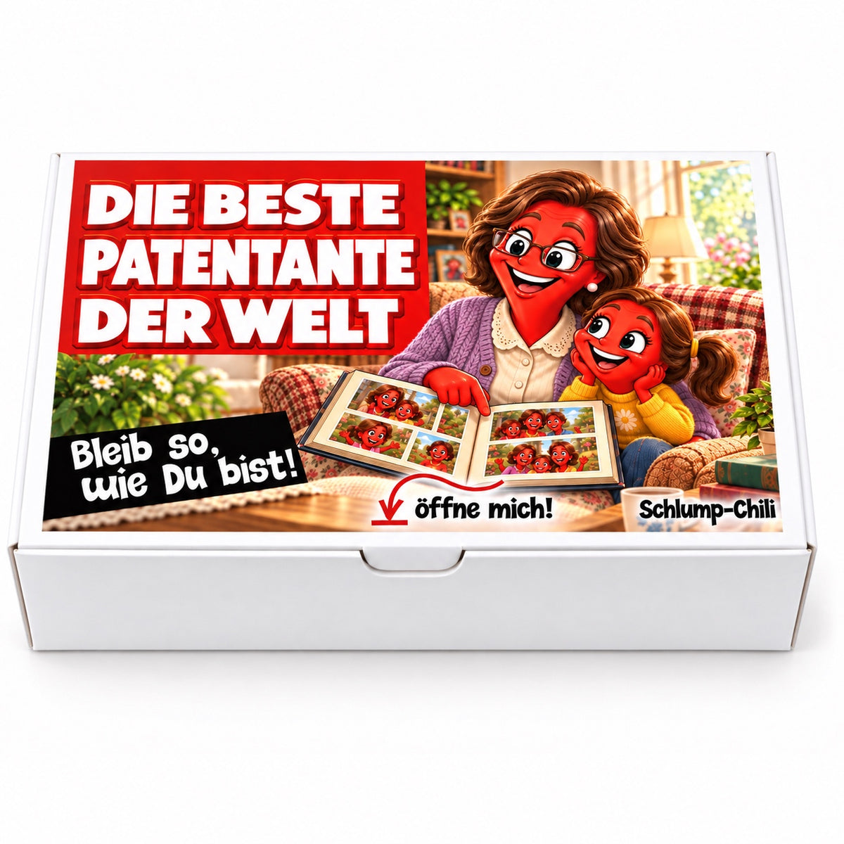 Die beste Patentante der Welt – weiße Geschenkbox, Vorderansicht