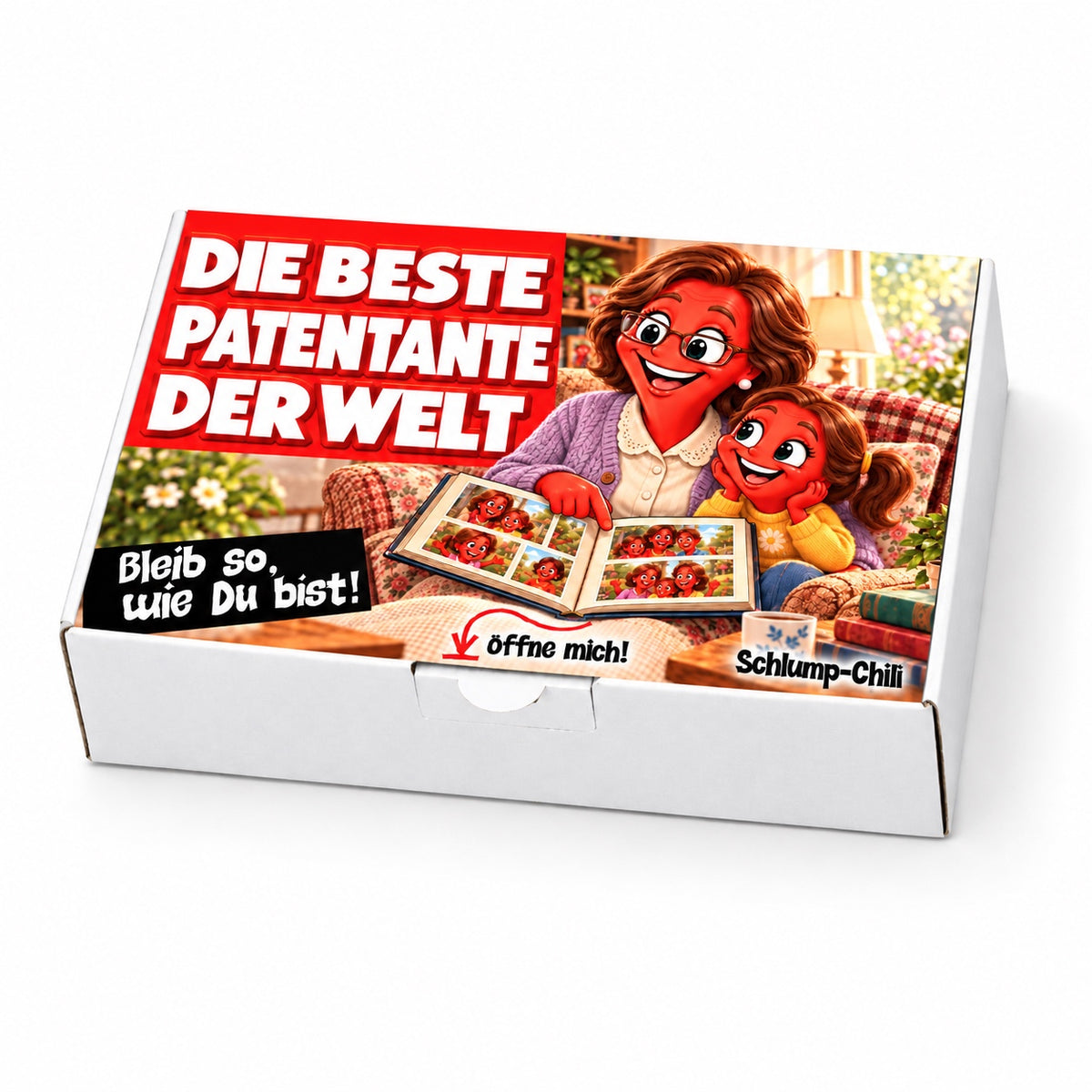 Die beste Patentante der Welt – weiße Geschenkbox, Schrägansicht