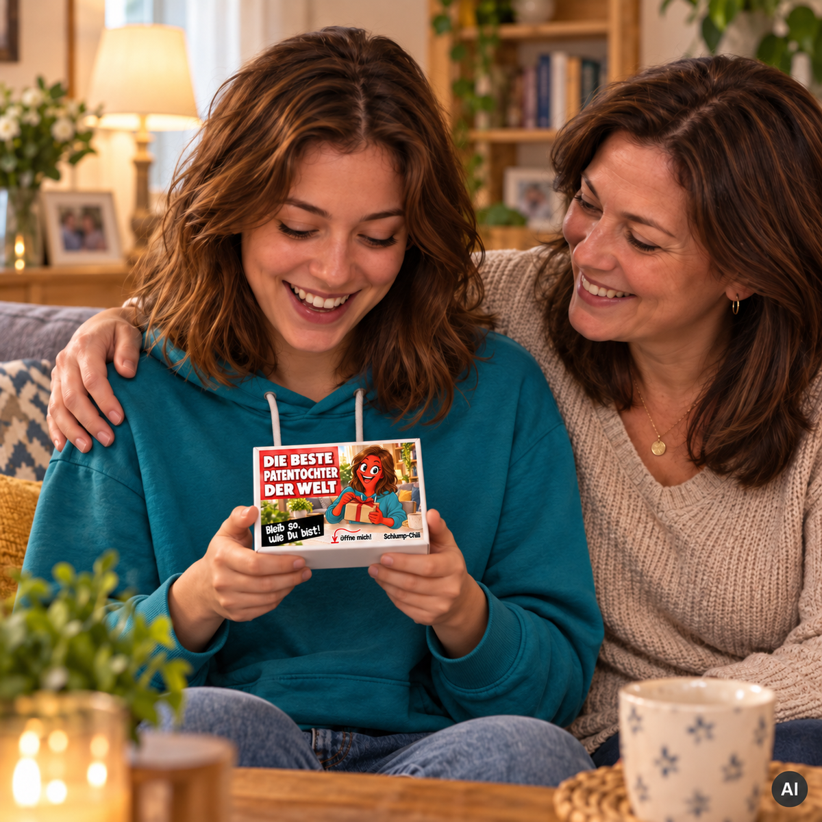 Die beste Patentochter der Welt – kleine Geschenkbox in der Hand (AI)