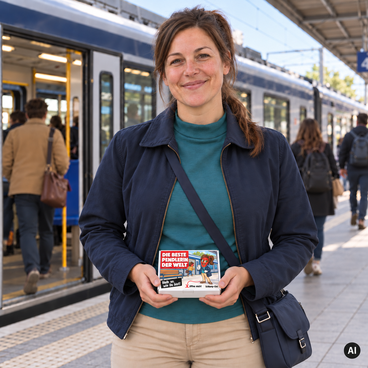 Die beste Pendlerin der Welt – Lifestylebild mit kleiner Geschenkbox (AI)