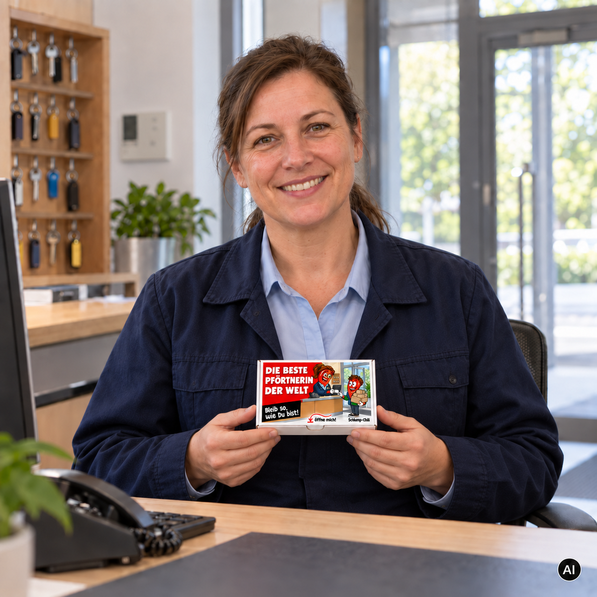Die beste Pförtnerin der Welt – Lifestylebild mit kleiner A6-Geschenkschachtel