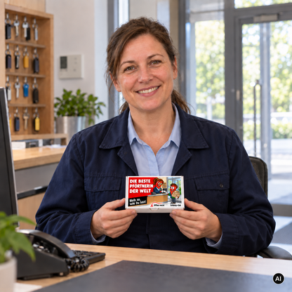 Die beste Pförtnerin der Welt – Lifestylebild mit kleiner A6-Geschenkschachtel
