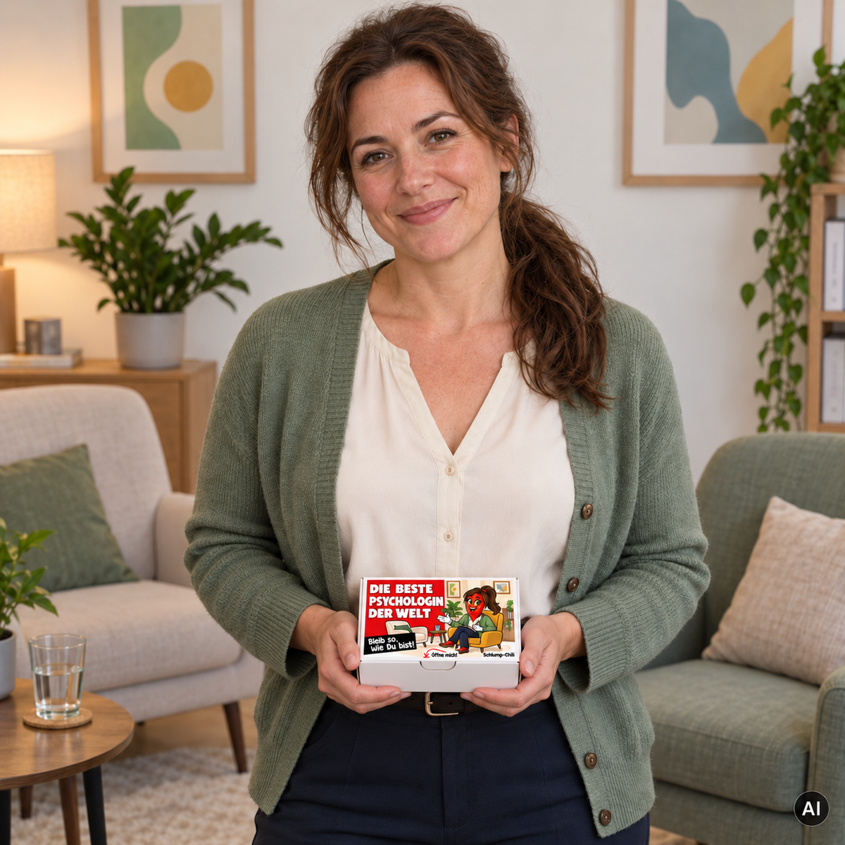 Die beste Psychologin der Welt – Lifestylebild mit kleiner A6-Geschenkschachtel