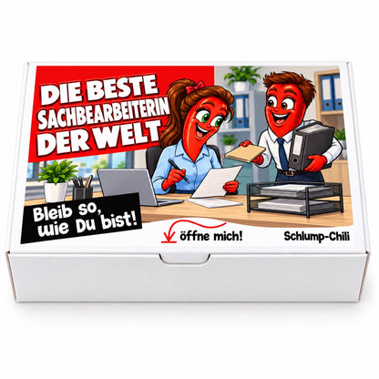 Die beste Sachbearbeiterin der Welt – weiße Geschenkbox, Vorderansicht