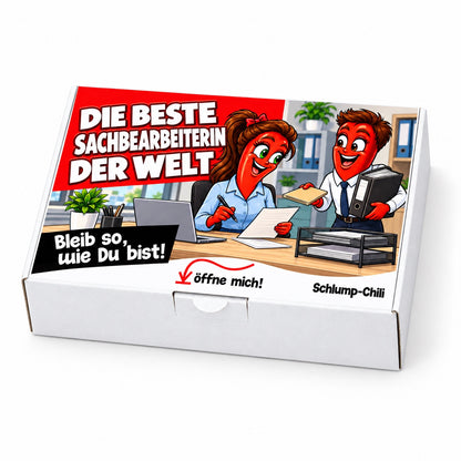 Die beste Sachbearbeiterin der Welt – weiße Geschenkbox, Schrägansicht