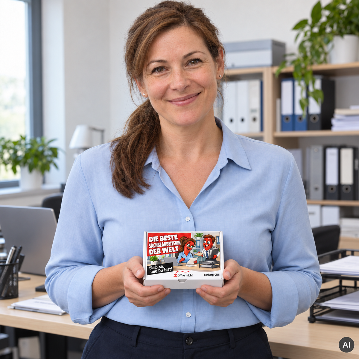 Die beste Sachbearbeiterin der Welt – kleine Geschenkbox in der Hand (AI)