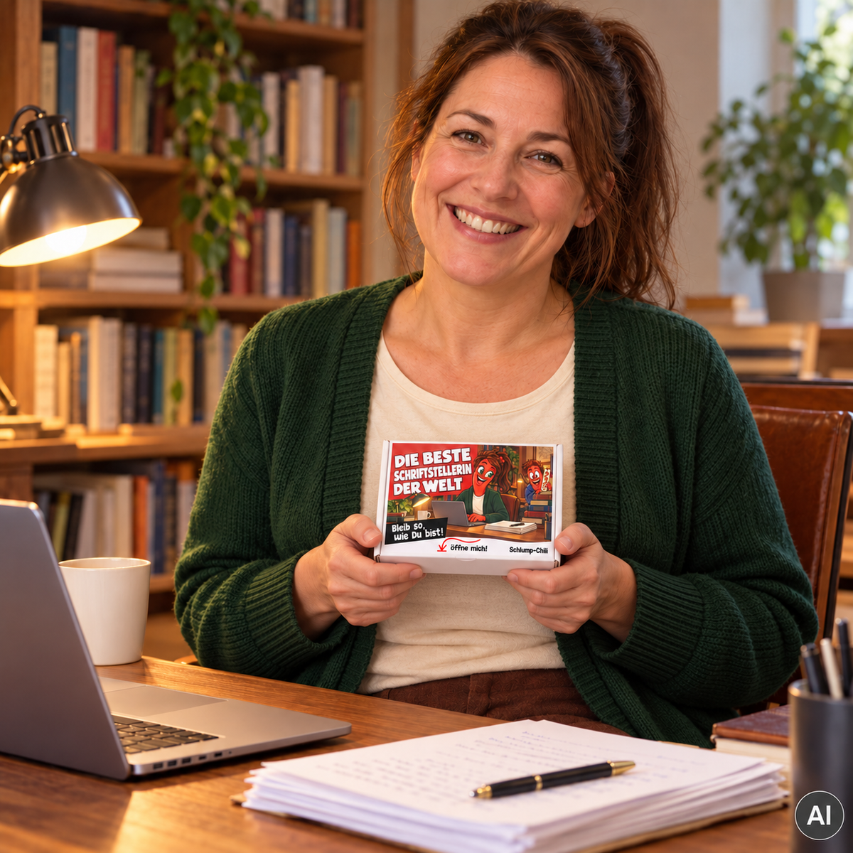 Die beste Schriftstellerin der Welt – kleine Geschenkbox in der Hand (AI)