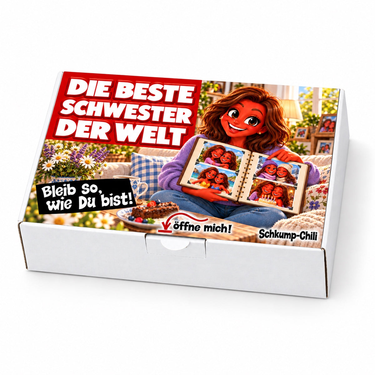 Die beste Schwester der Welt – weiße Geschenkbox, Schrägansicht