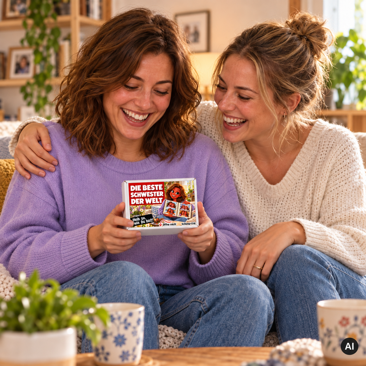 Die beste Schwester der Welt – kleine Geschenkbox in der Hand (AI)