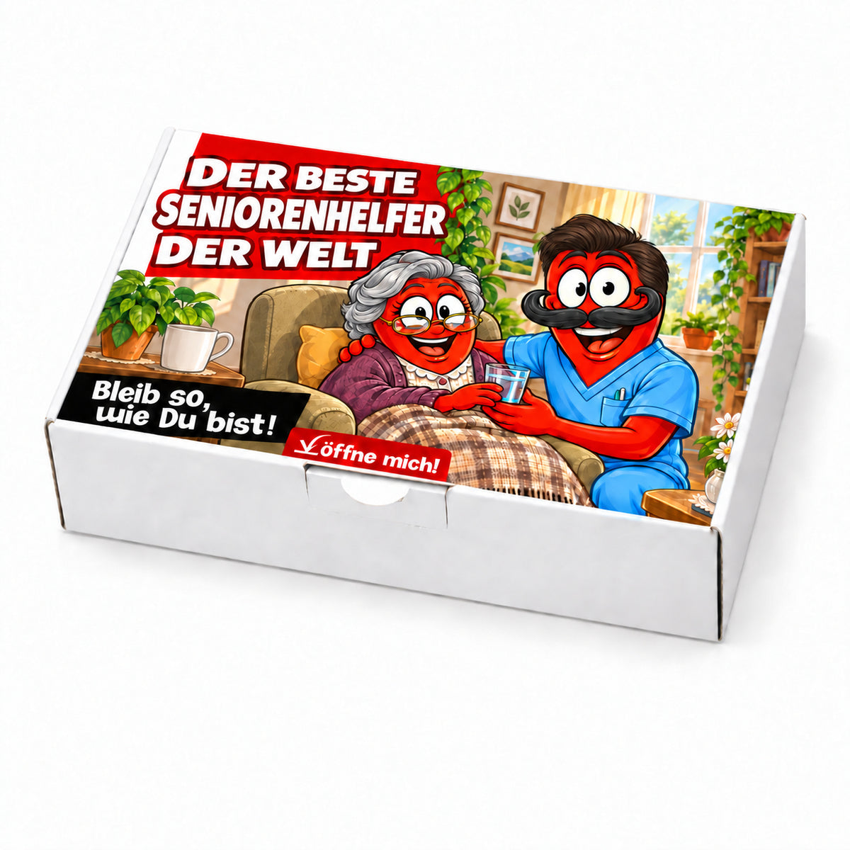 Der beste Seniorenhelfer der Welt – Geschenkbox Vorderansicht