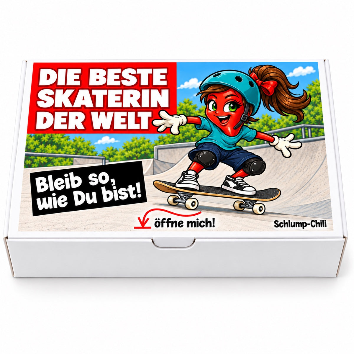 Die beste Skaterin der Welt – Frontansicht der Chili-Geschenkbox