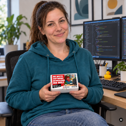 Die beste Softwareentwicklerin der Welt – Lifestylebild mit kleiner A6-Geschenkschachtel