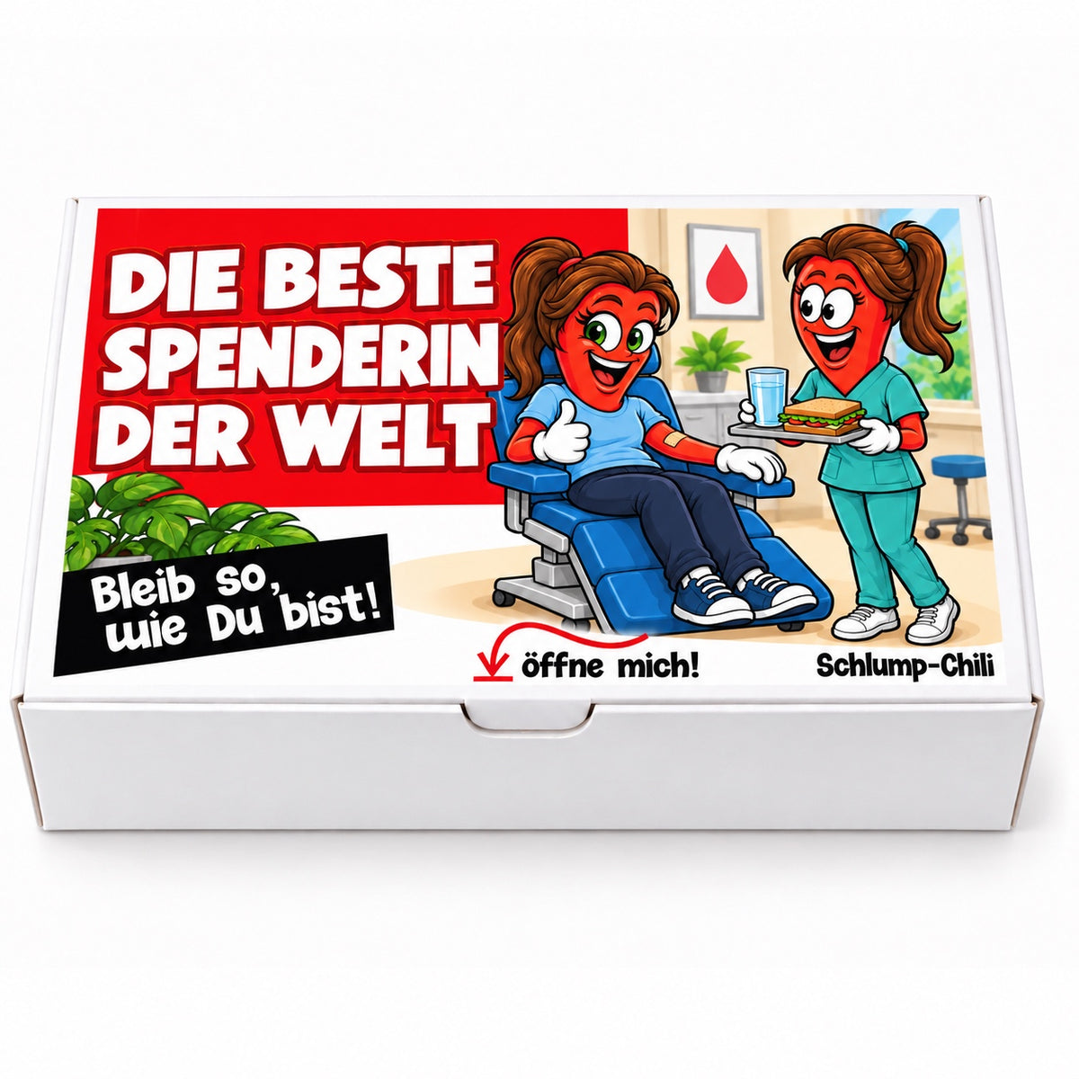 Die beste Spenderin der Welt – Frontansicht der Chili-Geschenkbox mit Blutspende-Motiv