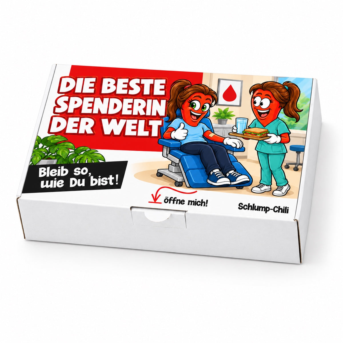 Die beste Spenderin der Welt – Schrägansicht der Chili-Geschenkbox mit Blutspende-Motiv