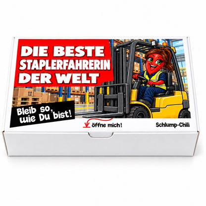 Die beste Staplerfahrerin der Welt – Geschenkbox Vorderansicht
