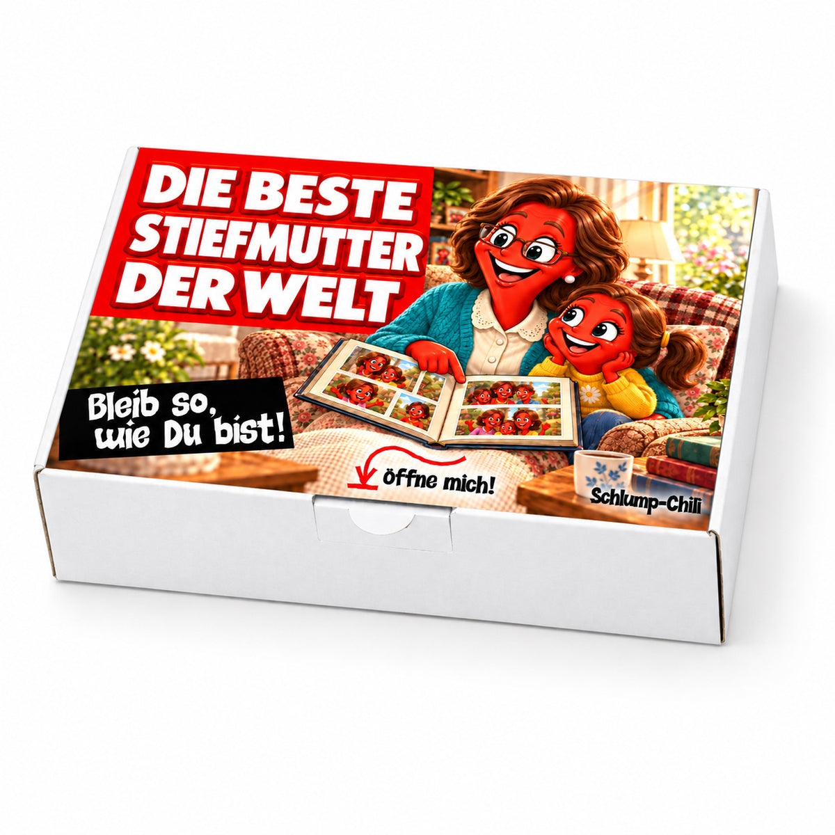 Die beste Stiefmutter der Welt – weiße Geschenkbox, Schrägansicht