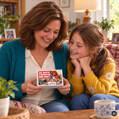 Die beste Stiefmutter der Welt – kleine Geschenkbox in der Hand (AI)