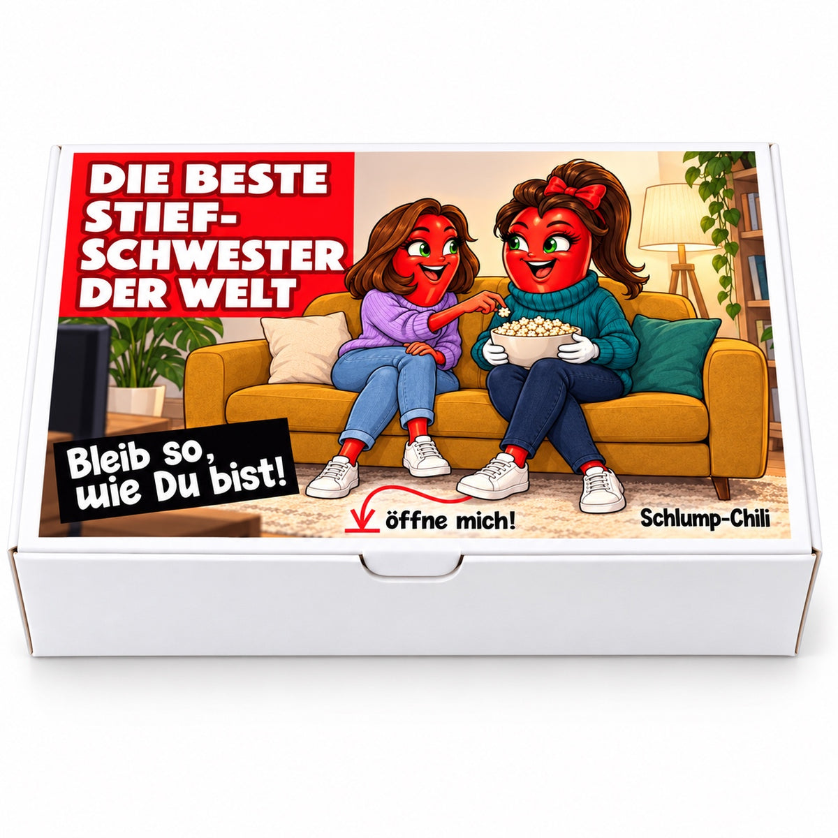 Die beste Stiefschwester der Welt – Frontansicht der Chili-Geschenkbox