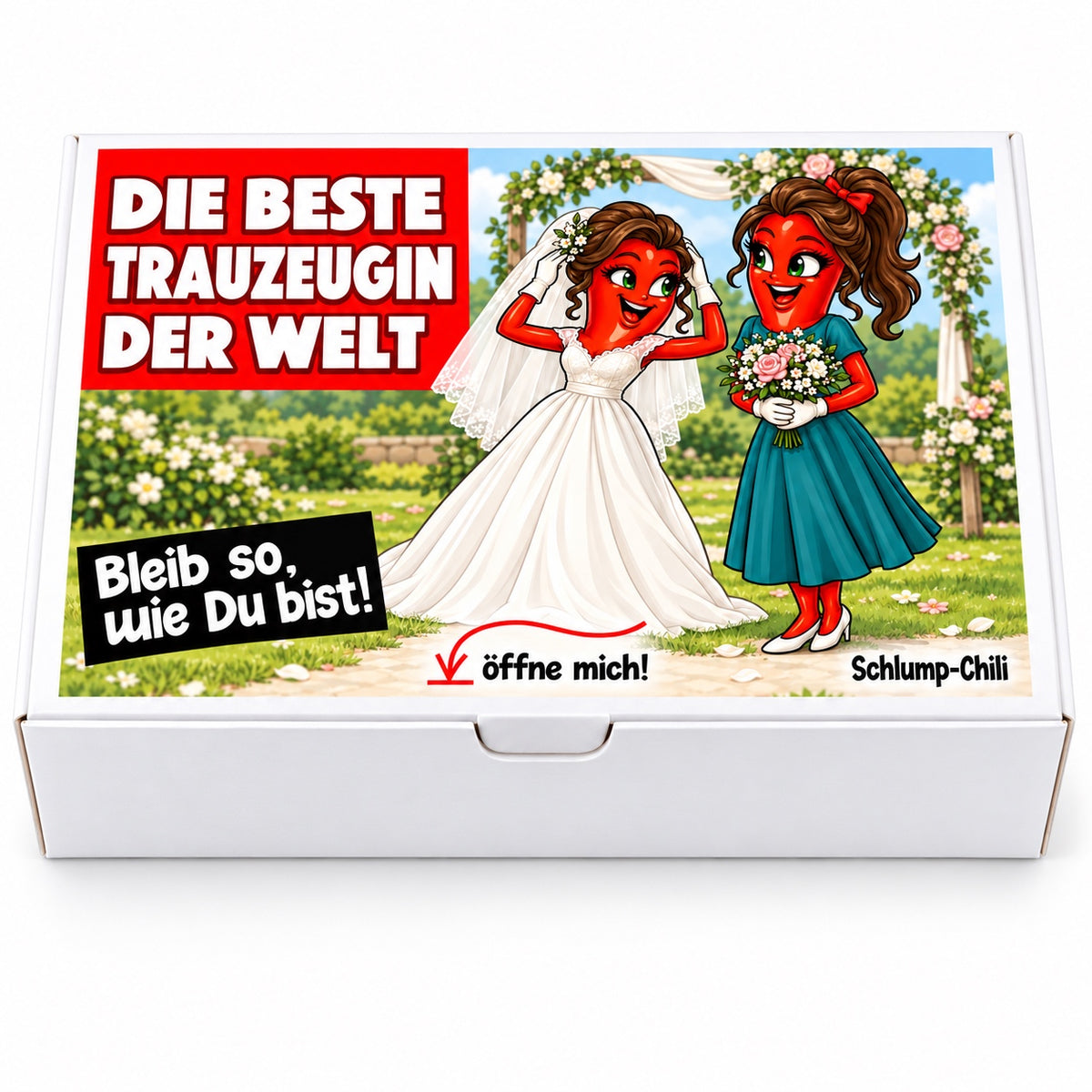 Die beste Trauzeugin der Welt – Frontansicht der Chili-Geschenkbox