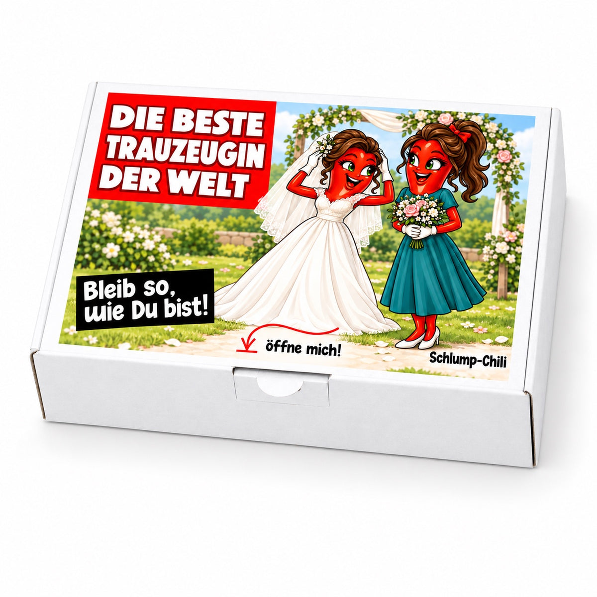 Die beste Trauzeugin der Welt – Schrägansicht der Chili-Geschenkbox