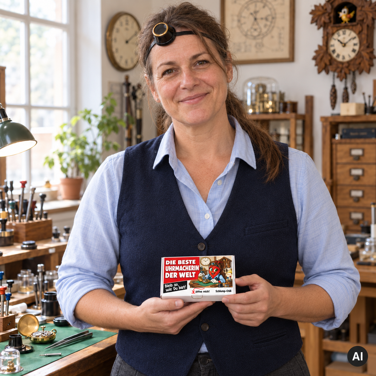 Die beste Uhrmacherin der Welt – Lifestylebild mit kleiner A6-Geschenkschachtel