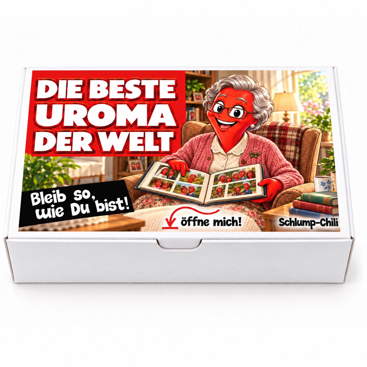 Die beste Uroma der Welt – weiße Geschenkbox, Vorderansicht