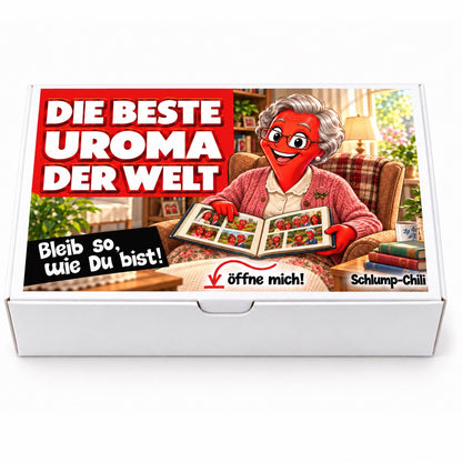 Die beste Uroma der Welt – weiße Geschenkbox, Vorderansicht