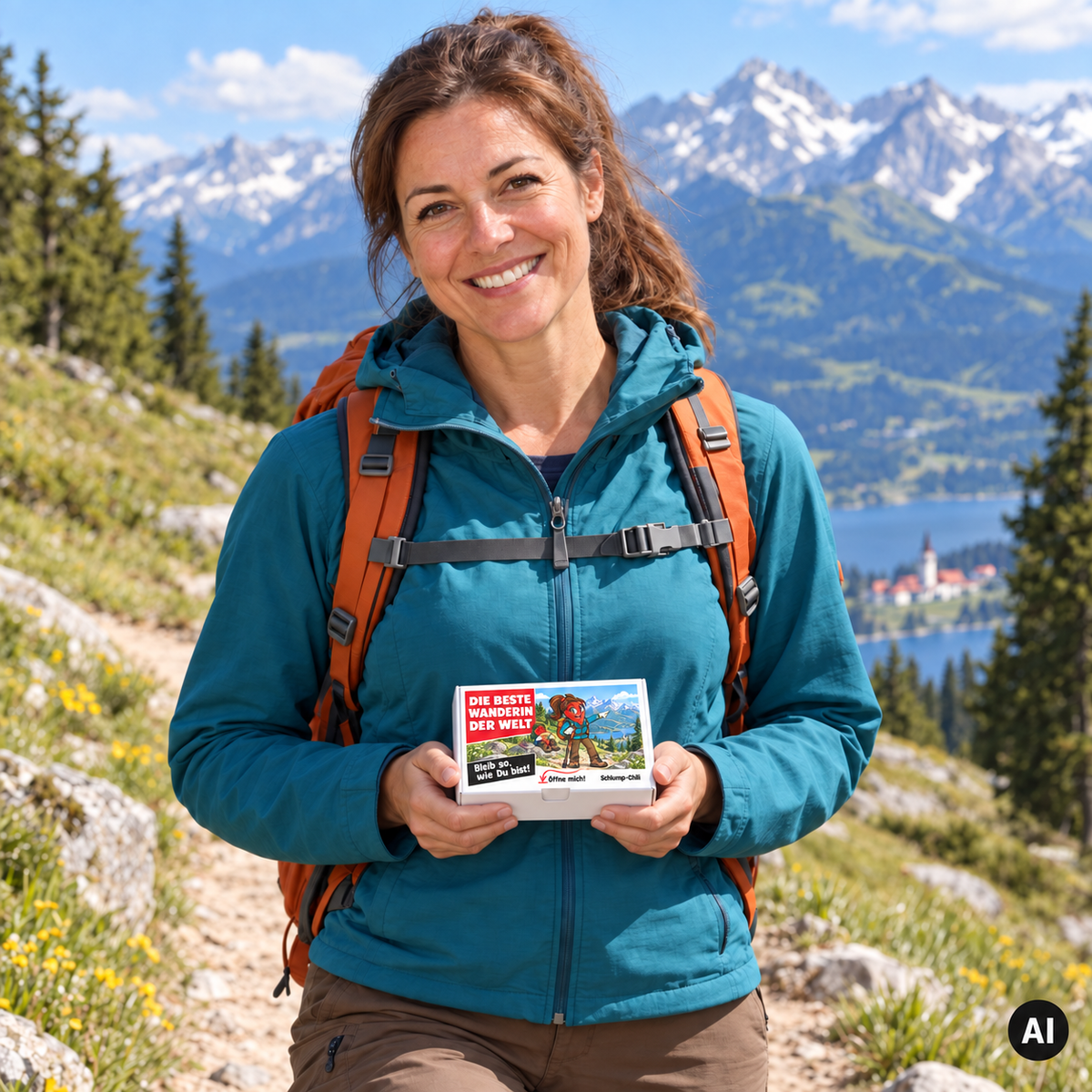 Die beste Wanderin der Welt – Lifestylebild mit kleiner A6-Geschenkschachtel