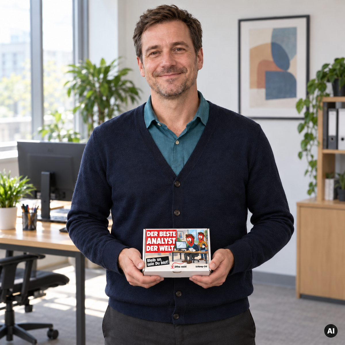 Der beste Analyst der Welt – Lifestylebild mit kleiner Geschenkbox (AI)