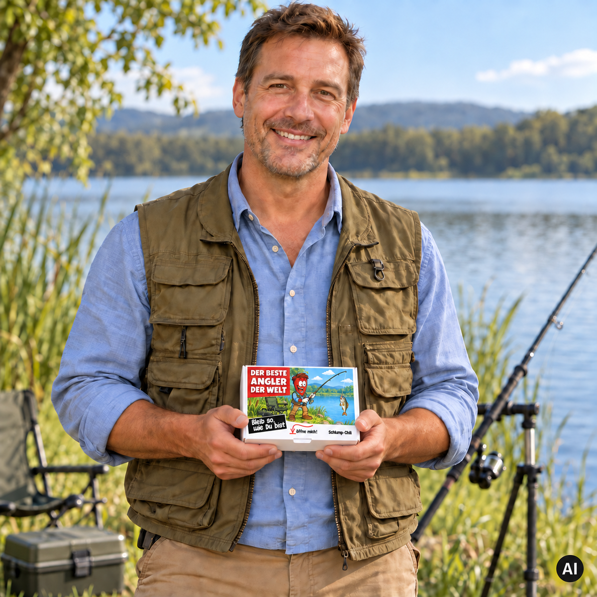 Der beste Angler der Welt – Lifestylebild mit kleiner A6-Geschenkschachtel