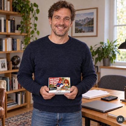 Der beste Anleger der Welt – kleine Geschenkbox in der Hand (AI)