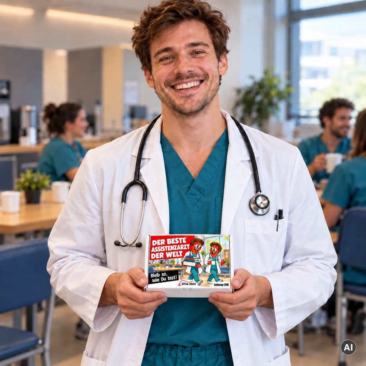 Der beste Assistenzarzt der Welt – kleine Geschenkbox in der Hand (AI)