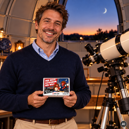 Der beste Astronom der Welt – kleine Geschenkbox in der Hand (AI)