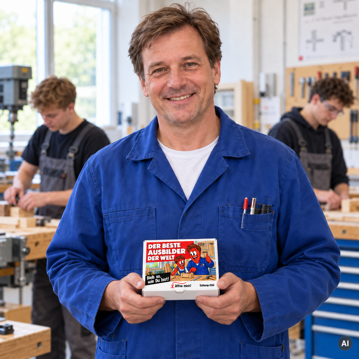Der beste Ausbilder der Welt – kleine Geschenkbox in der Hand (AI)