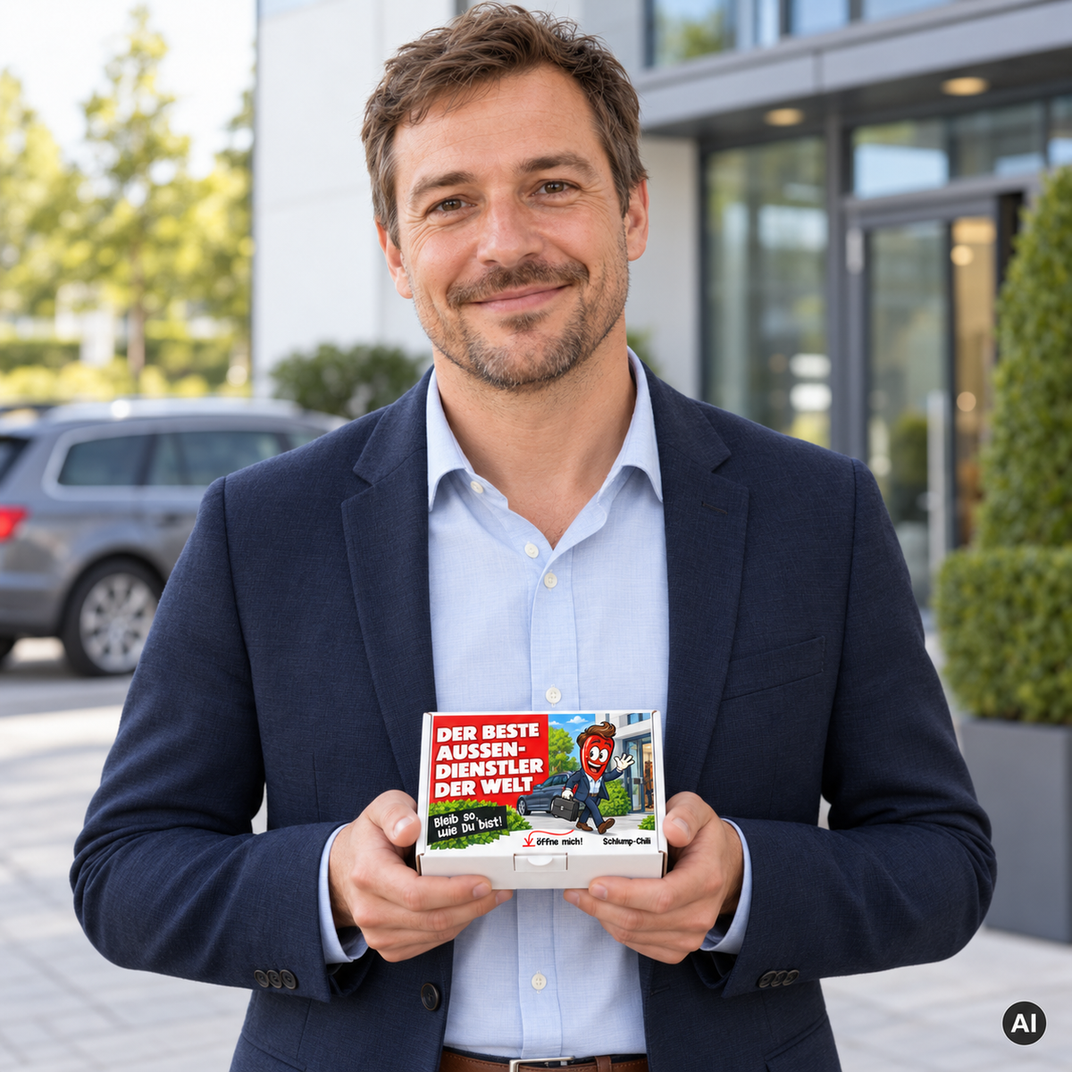Der beste Außendienstler der Welt – Lifestylebild mit kleiner A6-Geschenkschachtel