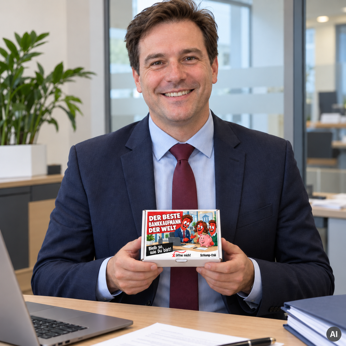 Der beste Bankkaufmann der Welt – kleine Geschenkbox in der Hand (AI)