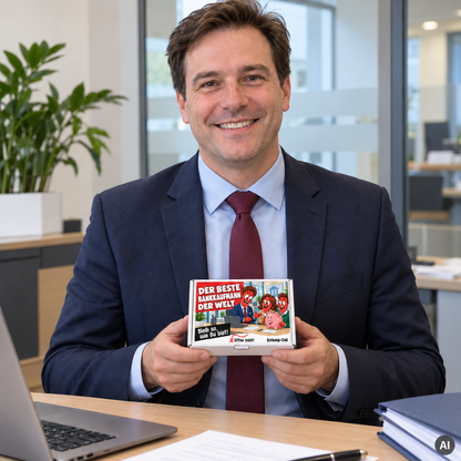 Der beste Bankkaufmann der Welt – kleine Geschenkbox in der Hand (AI)