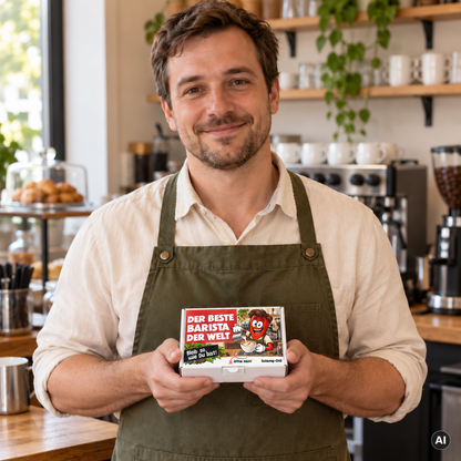 Der beste Barista der Welt – Lifestylebild mit kleiner Geschenkbox (AI)