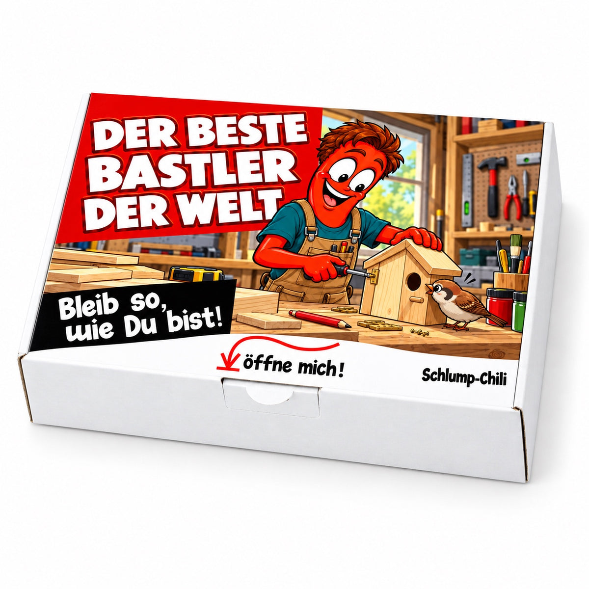 Der beste Bastler der Welt – weiße Geschenkbox, Schrägansicht