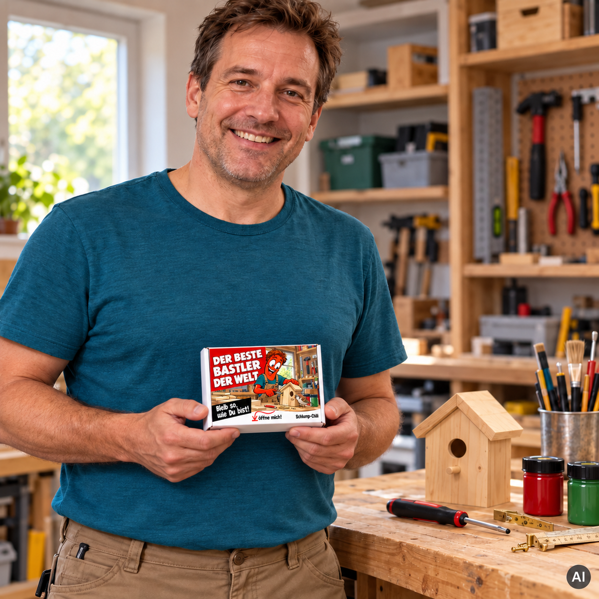 Der beste Bastler der Welt – kleine Geschenkbox in der Hand (AI)