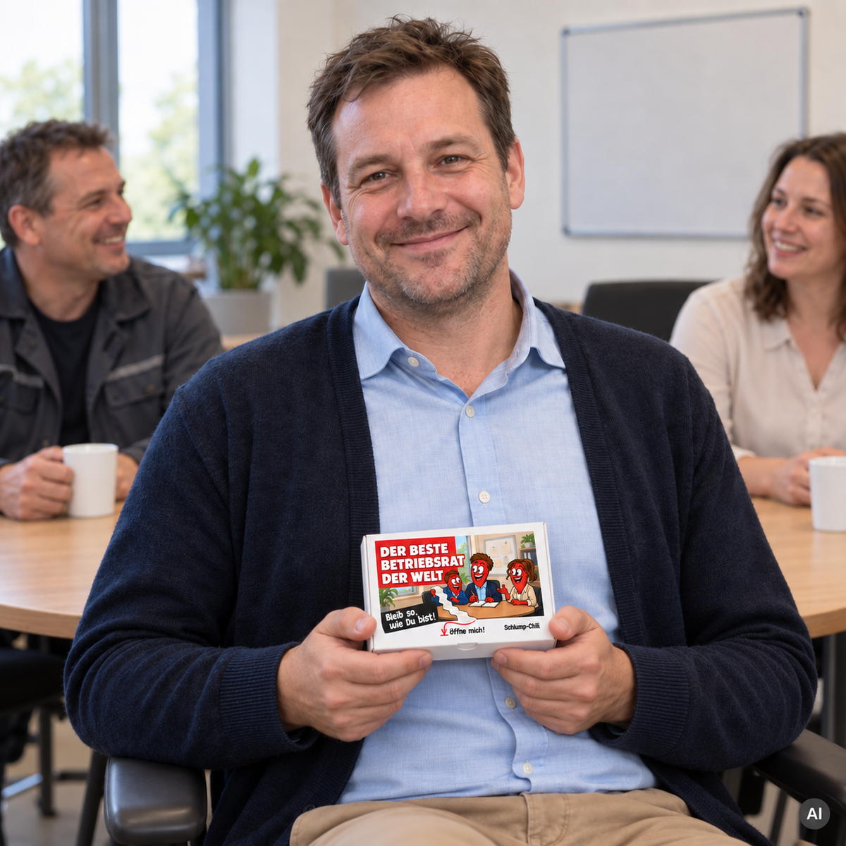 Der beste Betriebsrat der Welt – kleine Geschenkbox in der Hand (AI)
