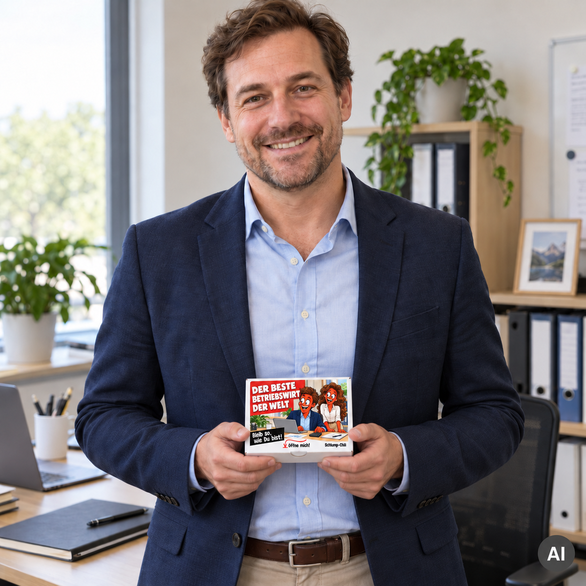 Der beste Betriebswirt der Welt – kleine Geschenkbox in der Hand (AI)