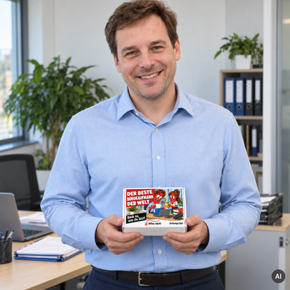 Der beste Bürokaufmann der Welt – kleine Geschenkbox in der Hand (AI)